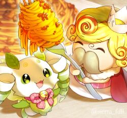 Rule 34 | 1boy, 1other, :d, ^ ^, alternate color, artist name, bell, blonde hair, blurry, blurry background, cape, character request, closed eyes, commentary request, crown, curly hair, drill hair, drooling, facial hair, food, fork, fur-trimmed cape, fur trim, green eyes, highres, holding, holding fork, jingle bell, leaf, looking up, lunlun (nijisanji), mouth drool, multicolored hair, mustache, neck bell, nijisanji, open mouth, pasta, plate, red cape, red hair, rope, short hair, sierra fall, smile, spaghetti, streaked hair, twin drills, twitter username, virtual youtuber