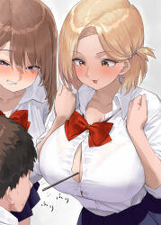 1boy 2girls between_breasts black_hair blonde_hair blue_eyes blush bow bowtie breasts brown_eyes brown_hair collared_shirt commentary_request food grey_background kaisen_chuui large_breasts looking_at_another medium_hair multiple_girls open_mouth original pocky red_bow red_bowtie school_uniform shirt simple_background smile teeth white_shirt