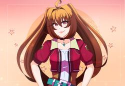 1girl ahoge antenna_hair artist_name azumishard brown_hair commentary cropped_jacket double-parted_bangs eiyuu_densetsu english_commentary estelle_bright hair_between_eyes hair_intakes long_hair looking_at_viewer pendant_choker portrait red_eyes short_sleeves sideburns smile solo sora_no_kiseki twintails upper_body