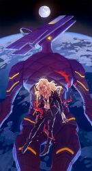 Rule 34 | 1girl, ambiguous red liquid, belt, black bra, black footwear, black jacket, black pants, black sky, blonde hair, boots, bra, closed eyes, earth (planet), facial scar, floating, floating hair, floating liquid, full moon, heaven will be mine, highres, jacket, leather, leather jacket, liz parlett, looking down, luna-terra (heaven will be mine), mare crisium (heaven will be mine), mature female, mecha, moon, pants, planet, robot, scar, scar on cheek, scar on face, shirt, sky, space, studded belt, underwear, white shirt