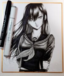 1girl arm_behind_back closed_mouth commentary_request expressionless eyelashes eyes_visible_through_hair floating_hair greyscale hair_over_one_eye holding_own_arm long_bangs long_hair long_sleeves looking_at_viewer makomako1061 marker_(medium) monochrome neckerchief original pen_(medium) photo_(medium) sailor_collar sailor_shirt school_uniform shikishi shirt solo standing traditional_media upper_body
