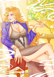 1girl black_chemise blonde_hair blue_choker blue_eyes book bracelet breasts choicolatte choker cleavage collarbone dress gold_bracelet highres holding holding_book holding_smoking_pipe jacket jewelry lace-trimmed_chemise large_breasts long_hair mole mole_on_cheek o-ring o-ring_choker path_to_nowhere purple_lips sitting smoke smoking_pipe solo tumblr_username vautour_bleu_(path_to_nowhere)