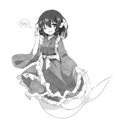 1girl ;d commentary drill_hair drill_sidelocks fins frilled_kimono frills full_body greyscale head_fins highres japanese_clothes kimono long_sleeves looking_at_viewer mermaid monochrome monster_girl one_eye_closed open_mouth short_hair sidelocks simple_background smile solo speech_bubble touhou tsuukinkaisoku_oomiya v wakasagihime wide_sleeves