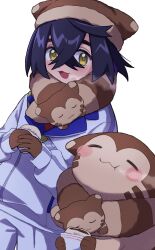 1boy 80pn :3 black_hair blush brown_eyes brown_gloves colored_inner_hair furret gen_2_pokemon gloves hair_between_eyes highres kieran_(pokemon) long_sleeves looking_at_viewer male_focus multicolored_hair neck_pillow necktie nintendo open_mouth pokemon pokemon_(creature) pokemon_sv purple_hair red_necktie short_hair smile solo