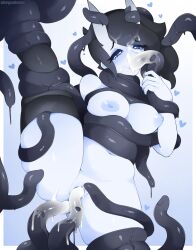 1girl ahegaokami anal black_hair black_thighhighs blue_eyes blue_skin bound breasts colored_skin consensual_tentacles cum cum_in_ass cum_in_mouth cum_in_pussy cum_on_body cum_on_hair demon ejaculation facial fellatio half-closed_eyes heart heart-shaped_pupils highres horns leg_up medium_breasts medium_hair mouth_insertion nipples nude oni oral original pale_skin pussy pussy_juice restrained sex skin-covered_horns solo solo_focus spooky_(ahegaokami) spread_legs symbol-shaped_pupils tentacle_grab tentacle_in_mouth tentacle_sex tentacles thick_eyelashes thighhighs triple_penetration vaginal white_skin