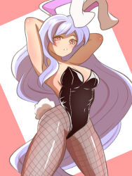Rule 34 | 1girl, animal ears, armpits, arms behind head, black leotard, breasts, cleavage, commentary request, covered navel, cowboy shot, fishnet pantyhose, fishnets, highres, iko 3080 (nantara3080), leotard, long hair, medium breasts, pantyhose, parted lips, playboy bunny, purple hair, rabbit ears, rabbit tail, red eyes, reisen udongein inaba, solo, strapless, strapless leotard, tail, touhou, very long hair