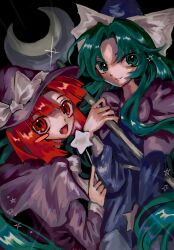 Rule 34 | 2girls, :d, black background, blue dress, blue hat, blush stickers, bow, bowtie, capelet, closed mouth, colored eyelashes, commentary request, dress, emphasis lines, fang, glint, green eyes, green hair, hand up, hat, hat bow, highres, holding, holding staff, holding wand, kirisame marisa, kirisame marisa (pc-98), long hair, long sleeves, looking at viewer, mima (touhou), multiple girls, open mouth, parted bangs, print dress, purple capelet, purple dress, purple hat, red eyes, red hair, single blush sticker, smile, staff, star (symbol), star print, star wand, story of eastern wonderland, touhou, touhou (pc-98), very long hair, wand, white bow, white bowtie, witch hat, wizard hat, yomogi0446