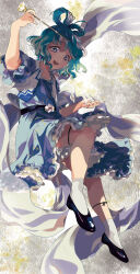 Rule 34 | 1girl, :d, black shoes, blue dress, blue eyes, blue hair, commentary request, dress, flower, full body, grey background, hagoromo, hair ornament, hair rings, hair stick, highres, kaku seiga, kinosaki, looking at viewer, open clothes, open mouth, open vest, puffy short sleeves, puffy sleeves, shawl, shoes, short hair, short sleeves, smile, socks, solo, teeth, thigh strap, touhou, upper teeth only, vest, white flower, white socks, white vest