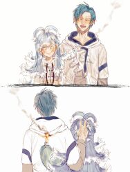 Rule 34 | 1boy, 1girl, blue hair, hand on another&#039;s head, highres, holding, holding lighter, hololive, hololive indonesia, holostars, holostars english, hood, hood down, hooded jacket, jacket, kobo kanaeru, lighter, long hair, long sleeves, porsche (itsbabywade), regis altare, short hair, simple background, virtual youtuber, white background, white jacket
