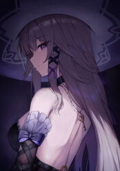 1girl aged_up bare_shoulders blunt_bangs bow closed_mouth detached_sleeves dress herta_(honkai:_star_rail) highres honkai:_star_rail honkai_(series) jewelry key key_necklace long_hair looking_at_viewer necklace purple_eyes purple_hair purple_ribbon qoray7 ribbon simple_background smile solo the_herta_(honkai:_star_rail) upper_body