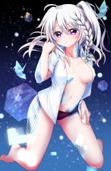 1girl 9-nine- absurdres ahoge alternate_costume bare_legs barefoot black_bow blush bow bow_panties braid breasts breasts_apart clenched_hand collarbone collared_shirt commentary_request commission covered_erect_nipples denim eyes_visible_through_hair floating_hair full_body gluteal_fold green_ribbon grey_hair hair_between_eyes hair_ribbon hand_on_own_hip hand_up highres kneeling large_breasts light_particles long_hair looking_at_viewer navel niimi_sora no_bra open_clothes open_shirt panties parted_lips purple_eyes red_panties ribbon second-party_source shirt short_sleeves side_ponytail sidelocks signature single_braid skeb_commission solo stomach tamamo_(1_tamamo) thighs underwear unzipped white_shirt