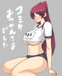 Rule 34 | 1girl, blush, breasts, brown eyes, darabuchi, female focus, folded ponytail, kousaka tamaki, large breasts, long hair, looking at viewer, navel, red hair, solo, to heart (series), to heart 2, translation request, underboob