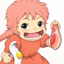 1girl aged_down black_eyes blush braid cosplay creator_connection crossover dola_(laputa) dress food fork fried_egg gake_no_ue_no_ponyo ham holding holding_food holding_fork long_hair looking_at_viewer open_mouth pink_hair ponyo ponyo_(cosplay) puffy_sleeves red_dress short_sleeves single_braid smile standing studio_ghibli t_jiroo_(ringofriend) teeth tenkuu_no_shiro_laputa upper_body white_background