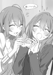 Rule 34 | 2girls, :d, :o, blush, chopsticks, commentary request, double-parted bangs, facing another, facing viewer, feeding, flying sweatdrops, greyscale, hair between eyes, hands up, holding, holding chopsticks, jacket, kohinata iroha (imouuzai), kohinata otowa, lapels, long hair, long sleeves, medium hair, monochrome, mother and daughter, multiple girls, notched lapels, novel illustration, official art, open clothes, open jacket, open mouth, school uniform, second-party source, shirt, smile, speech bubble, sweat, sweater vest, tomari (veryberry00), tomodachi no imouto ga ore ni dake uzai, translation request