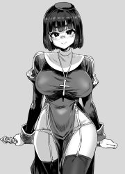1girl asanagi breasts catholic cross cross_necklace crucifix garter_belt garter_straps glasses greyscale habit hat highres jewelry large_breasts latin_cross looking_at_viewer mole mole_under_eye monochrome necklace nun original panties panties_over_garter_belt robe smile solo thick_eyebrows thighhighs underwear
