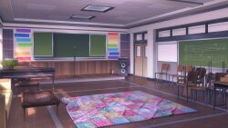 acoustic_foam amplifier audio_cable blanket cable ceiling ceiling_light chalkboard classroom coffee_table commentary couch dark day desk doki_doki_literature_club doki_doki_literature_club_plus english_commentary floor game_cg grand_piano highres indoors instrument light_rays microphone microphone_stand morning musical_note no_humans non-web_source official_art piano piano_bench plant potted_plant quilt rug school school_desk speaker sunlight table tile_ceiling tiles velinquent whiteboard window window_shadow wooden_chair wooden_desk wooden_door wooden_floor wooden_table wooden_wall