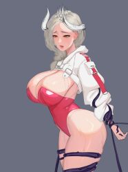 1girl braid breasts brown_eyes cropped_jacket grey_background hair_over_shoulder large_breasts leotard mabinogi mabinogi_heroes nuo_(30340120) open_mouth red_leotard restrained simple_background single_braid solo strapless strapless_leotard tentacles