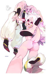1boy 1girl android_21 anus ass blood breasts brekkist dragon_ball dragon_ball_fighterz dragonball_z fighting_stance highres looking_at_viewer majin_android_21 majin_buu penis pussy tail tail_anus uncensored
