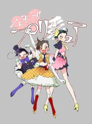 3boys arm_up belt black_gloves bow bowtie crop_top dorapapa_(osomatsu-kun) elbow_gloves facial_hair fang gloves magical_boy multiple_boys mustache necktie ojima_(ojimadou) one_eye_closed osomatsu-kun osomatsu_(series) paw_pose scar scar_on_face smile tetsu_the_killer_(osomatsu-kun) tougou_(osomatsu-kun) trap vest waistcoat what white_gloves