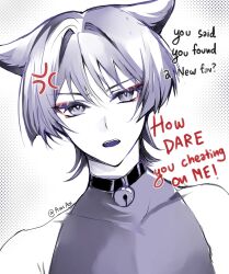 1boy absurdres anger_vein animal_ears annoyed armpit_crease avesaoi bell blunt_ends bodysuit cat_ears choker covered_collarbone dutch_angle english_text eyeliner eyeshadow fangs furrowed_brow genshin_impact greyscale hair_intakes highres light_frown looking_at_viewer makeup male_focus monochrome neck_bell open_mouth portrait red_eyeliner red_eyeshadow scaramouche_(genshin_impact) sketch sleeveless sleeveless_bodysuit solo spot_color teeth tsurime upper_teeth_only wanderer_(genshin_impact)