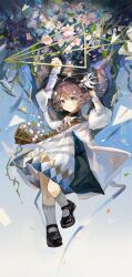 1girl absurdres arms_up bag black_cape black_hat black_shoes blue_background blue_eyes brown_bag brown_hair cape closed_mouth coat dress flower flutterpage full_body gradient_background hand_on_headwear hand_up hat highres lily_of_the_valley looking_at_viewer mailbag mary_janes official_alternate_costume paper_airplane pink_flower reverse:1999 san_sui_dingshang_ya shoes shoulder_bag smile socks solo too_many_flowers white_coat white_dress white_flower white_socks