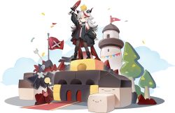 1girl @_@ absurdres aged_down animal animal_on_head arm_up artist_request azur_lane bare_shoulders bird black_boots black_dress black_jacket boots brown_eyes brown_pantyhose chick closed_mouth confetti dress flag grey_hair hair_intakes highres holding horns jacket lace-up_boots little_aegir_(azur_lane) long_hair long_sleeves looking_at_viewer manjuu_(azur_lane) multicolored_hair non-web_source off_shoulder official_art on_head open_clothes open_jacket pantyhose puffy_long_sleeves puffy_sleeves red_hair sleeveless sleeveless_dress solo standing streaked_hair suction-cup_arrow toy_sword v-shaped_eyebrows very_long_hair