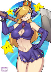 1girl axe blonde_hair blue_eyes breasts brooch cleavage crown evil_grin evil_smile gloves grin hair_over_one_eye hand_on_own_hip jewelry large_breasts long_hair mario_(series) mario_power_tennis mario_tennis midriff mini_crown navel nintendo redjet shiny_skin skirt smile solo standing super_star_(mario) warupeach