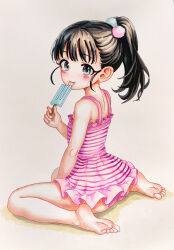 1girl arm_between_legs armpit_crease ass back barefoot black_hair casual_one-piece_swimsuit child clenched_hand eating eyelashes feet female_focus fingernails flat_chest food from_behind fukuyama_mai full_body grey_eyes hand_up happy highres holding holding_food holding_ice_cream ice_cream idolmaster idolmaster_cinderella_girls idolmaster_cinderella_girls_u149 knees legs light_blush long_hair looking_at_viewer looking_back namco neck one-piece_swimsuit parted_lips pink_one-piece_swimsuit ponytail seiza shoulder_blades sidelocks sitting smile soles solmyr2000 swimsuit thighs toenails toes tongue tongue_out traditional_media