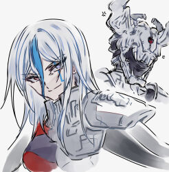 1girl armor blue_eyes blue_hair closed_mouth female_focus hair_between_eyes helmet heterochromia highres long_hair mask mask_on_head red_eyes shoulder_armor simple_background smile the_hundred_line_-last_defense_academy- upper_body v&#039;ehxness white_background white_hair