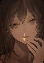 1girl ambiguous_yellow_liquid black_background blue_eyes brown_hair covering_own_mouth double-parted_bangs empty_eyes hair_between_eyes hand_over_own_mouth highres looking_at_viewer no_shirt open_mouth original painterly portrait simple_background solo sparkling_eyes splatter yoimon