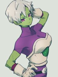 1girl arm_behind_head bodysuit breasts cheelai closed_mouth colored_skin dragon_ball dragon_ball_super dragon_ball_super_broly gloves green_skin grey_background hand_on_own_hip kemachiku looking_at_viewer medium_breasts pink_eyes purple_bodysuit saiyan_armor short_hair simple_background solo white_gloves white_hair