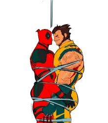 2boys arm_hair ass beard bleeding blood blue_gloves blush bodysuit bound bound_together brown_hair claws clenched_hand clenched_teeth commentary deadpool deadpool_&amp;_wolverine deadpool_(series) english_commentary facial_hair gloves grabbing_another&#039;s_ass groping highres large_pectorals looking_at_another male_focus marvel mask mikeyyangel0 multiple_boys pectoral_docking pectoral_press pectorals profile red_bodysuit red_mask simple_background sleeveless superhero_costume teeth tied_up_(nonsexual) two-tone_swimsuit veins wolverine_(x-men) x-men yaoi yellow_bodysuit
