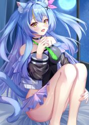 1girl :d absurdres animal_ears bare_shoulders blue_hair blush cat_ears cat_tail choker collarbone cybermyth full_moon highres long_hair moon moonlight multicolored_hair night night_sky normal_quality off_shoulder open_mouth rebellion_godsoul sitting skirt sky smile solo star_(sky) starry_sky tail very_long_hair window yellow_eyes