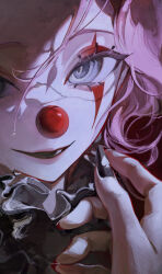 Rule 34 | 1girl, ame929, black nails, clown, clown nose, commentary, fingernails, forehead, frills, highres, looking at viewer, medium hair, multicolored nails, nail polish, open mouth, original, pink hair, purple eyes, red background, red nails, smile, solo, spade (shape), teeth