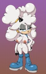 blue_eyes boots breasts breasts_out cleft_of_venus curvy eyelashes furry furry_female gradient_background hair_between_eyes hand_on_own_hip highres horns lanolin_the_sheep large_breasts nipples nude sega sheep sheep_girl sheep_horns simple_background sonic_(series) twintails vest white_fur wide_hips