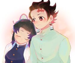 1boy 1girl alternate_universe animal_print belt black_hair blue_butterfly blush bug butterfly butterfly_hair_ornament butterfly_print checkered_haori demon_slayer_uniform earrings gradient_hair hair_ornament hanafuda_earrings haori hetero insect japanese_clothes jewelry kamado_tanjirou kimetsu_no_yaiba kishimen_hair kochou_shinobu multicolored_hair ouchiwa-1 purple_butterfly scar scar_on_face scar_on_forehead sleeping sleeping_on_person smile updo white_belt zzz