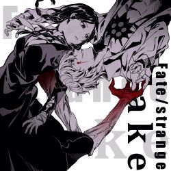 1boy 1girl blood blood_on_face braid claws copyright_name dress fate/strange_fake fate_(series) high_contrast highres jester_karture lying no_name_assassin_(fate) open_clothes open_shirt redoxhn scar scar_on_chest spot_color twin_braids upside-down wolf_(fate) zabaniya_(fate)