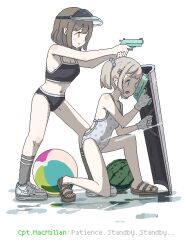 Rule 34 | ball, beachball, bikini, black bikini, blonde hair, blue eyes, brown eyes, brown hair, call of duty, call of duty: modern warfare 2, commentary request, english text, finger on trigger, floral print, from side, full body, gloves, grey socks, hair ornament, hair scrunchie, highres, holding, holding shield, holding water gun, nike (company), one-piece swimsuit, original, parted lips, peco-pech, pixel art, profile, sandals, scrunchie, shield, shoes, simple background, sneakers, socks, subtitled, swimsuit, toes, visor cap, water gun, watermelon beachball, white background, white gloves, white one-piece swimsuit, white shoes