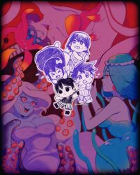 Rule 34 | &gt; &lt;, 3boys, 4girls, aubrey (headspace) (omori), aubrey (omori), ball, blonde hair, blood, breasts, cleavage, closed mouth, gradient background, green hair, hero (headspace) (omori), hero (omori), holding, holding ball, ippaiotabe mkw, kel (headspace) (omori), kel (omori), large breasts, long hair, marina (omori), medusa (omori), molly (omori), monster girl, multicolored hair, multiple boys, multiple girls, nosebleed, omori, omori (omori), open mouth, pink hair, purple eyes, purple hair, red eyes, short hair, skirt, slime girl, tentacle hair, tentacles, white hair, white skirt