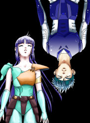 Rule 34 | 1boy, 1girl, armor, blue hair, closed eyes, female warrior, gloves, hashiba touma, headband, kayura, leotard, long hair, pantyhose, ponytail, purple hair, ronin warriors, samurai, shoulder pads, sunrise (company), yoroiden samurai troopers