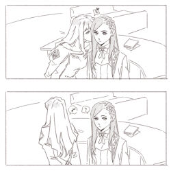 2girls ? blush book commentary desk detached_sleeves greyscale guri_gom hair_ornament hairclip indoors juliet_sleeves kiss kissing_cheek long_hair long_sleeves meister_otome_uniform monochrome multiple_girls musical_note my-otome natsuki_kruger puffy_sleeves shizuru_viola spoken_musical_note spoken_question_mark yuri