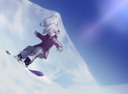 Rule 34 | 1girl, alternate costume, asashimo (kancolle), black boots, black legwear, boots, coat, female focus, grey hair, grey pants, hair over one eye, kantai collection, pants, purple coat, smile, snowboard, snowboarding, solo, standing, yamaioni (sasakama)