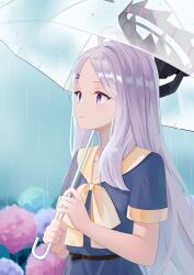 1girl ahoge akaya_(pixiv20545353) alternate_costume blue_archive blue_dress blue_flower bow brown_bow brown_sailor_collar commentary day dress flower grey_hair hair_ornament hairclip halo highres hina_(blue_archive) holding holding_umbrella horns hydrangea long_hair outdoors parted_bangs parted_lips pink_flower purple_eyes purple_flower rain sailor_collar sailor_dress short_sleeves solo transparent transparent_umbrella umbrella very_long_hair water_drop