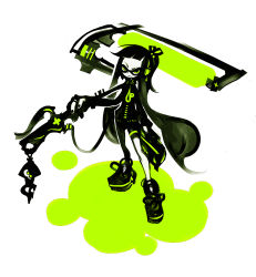 1girl alternate_costume bad_id bad_pixiv_id dark_persona dead_master female_focus frown full_body green_eyes green_theme hair_ribbon highres holding holding_weapon inkling inkling_girl inkling_player_character kiku_(kicdoc) long_hair looking_at_viewer monochrome nintendo over_shoulder paint_roller paint_splatter ribbon shoes simple_background sneakers solo splatoon_(series) splatoon_1 squid tentacle_hair weapon weapon_over_shoulder white_background
