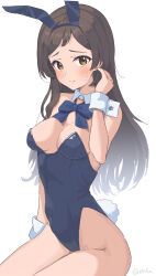1girl animal_ears blue_bow blue_bowtie blue_leotard blush bow bowtie breasts brown_eyes brown_hair closed_mouth covered_navel detached_collar ebifu fake_animal_ears fake_tail frown hand_up highres idolmaster idolmaster_million_live! kitazawa_shiho leotard long_hair looking_at_viewer medium_breasts playboy_bunny rabbit_ears rabbit_tail simple_background sitting solo strapless strapless_leotard sweatdrop tail twitter_username white_background white_wrist_cuffs wrist_cuffs
