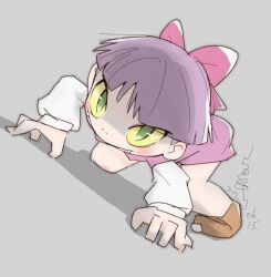 1girl all_fours bow chibi chibi_only dated dress dutch_angle fangs gegege_no_kitarou grey_background hair_bow highres nekomusume nekomusume_(gegege_no_kitarou_6) pink_dress purple_hair shadow signature simple_background sirukure slit_pupils solo