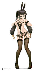 1girl absurdres alternate_eye_color animal_ears black_bra black_footwear black_garter_belt black_hair black_hairband black_panties black_thighhighs bra breasts closed_mouth collarbone commentary_request covered_erect_nipples cross cross_pasties cupless_bra fake_animal_ears full_body garter_belt genshin_impact gluteal_fold grabbing_own_breast grey_eyes hair_between_eyes hair_ornament hairband high_heels highres l_ract legs_apart long_hair looking_at_viewer mona_(genshin_impact) panties pasties rabbit_ears simple_background skindentation small_breasts solo standing thighhighs tsurime twintails underwear underwear_only very_long_hair white_background wrist_cuffs