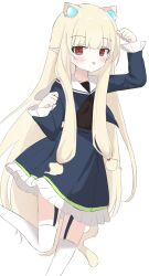 1girl animal_ear_fluff animal_ears blonde_hair cat_ears cat_girl cat_tail character_request check_character check_copyright copyright_request dress frilled_dress frills garter_straps highres kneehighs long_hair paw_pose pointy_ears red_eyes simple_background socks solo tail user_yths2234