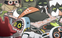 Rule 34 | absurdres, amillion (zenless zone zero), anger vein, bangboo (zenless zone zero), brown jacket, dodo (yatotoyatoto), eous (zenless zone zero), eyewear on head, flower, glasses, highres, jacket, looking at another, lying, no humans, orange scarf, scarf, sharkboo (zenless zone zero), x x, zenless zone zero