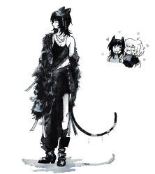 2girls animal_ears black_dress black_hair black_skirt blush boots breasts cat_ears cat_girl cat_tail dress greyscale hair_ornament highres jewelry monochrome multiple_girls neck_ring omnukij original simple_background skirt smile tail white_background